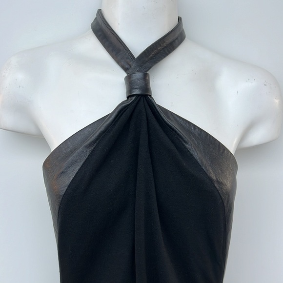 BEBE | Genuine Leather Knot Halter Black Sheath Dress - Picture 9 of 11
